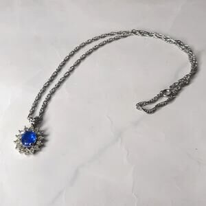 Silver Tone and Sapphire Blue Pendant Necklace